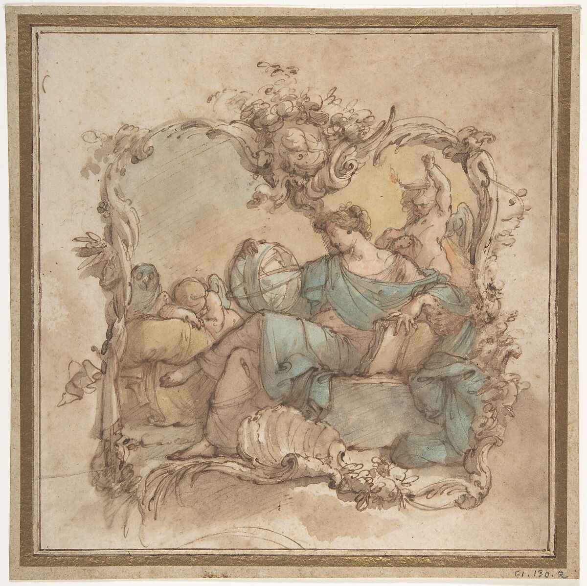 Vignette with an Allegorical Figure of Astronomy, Mauro Gandolfi (Italian, Bologna 1764–1834 Bologna), Pen and brown ink, watercolor, over black chalk; framing lines in pen and brown ink 