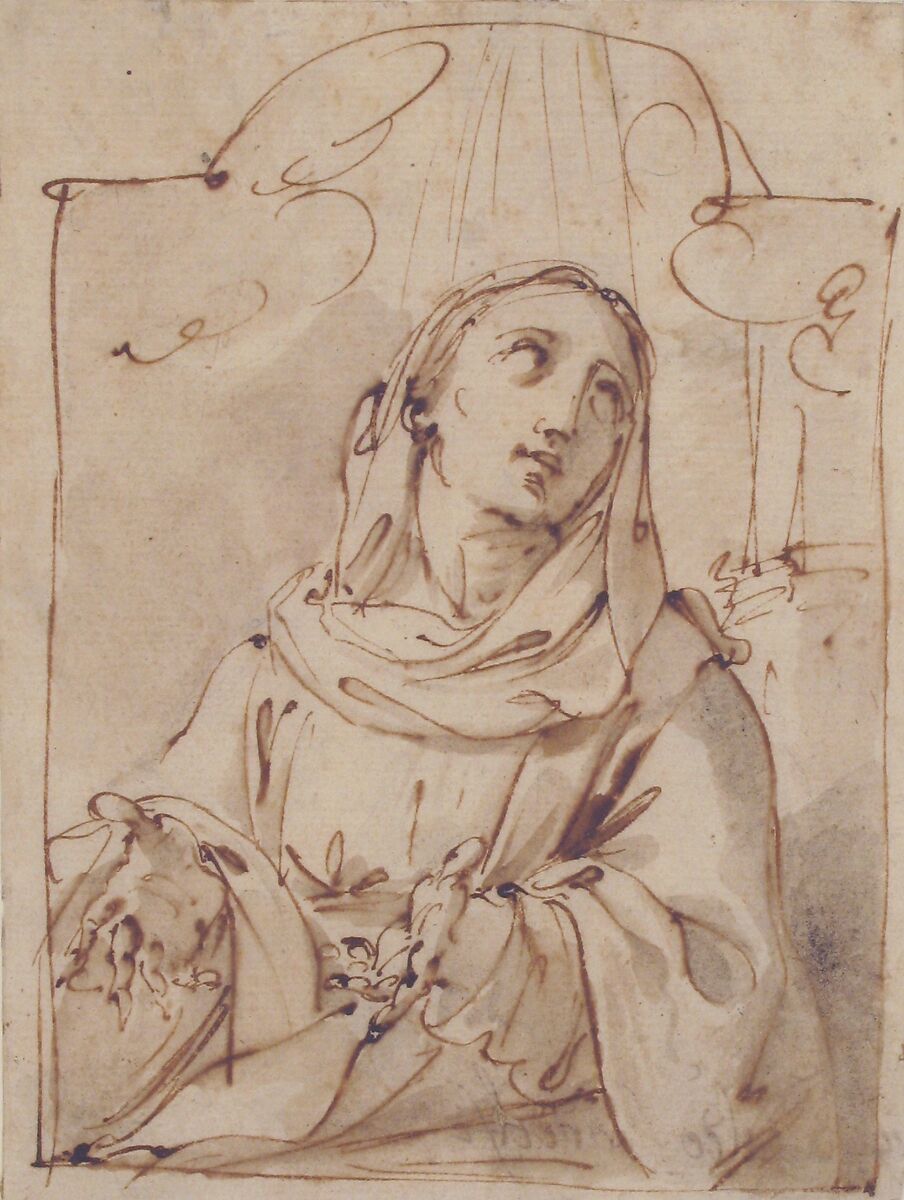 Half Figure of a Female Saint, Ubaldo Gandolfi (Italian, San Matteo della Decima 1728–1781 Ravenna), Pen and brown ink, brush and gray-brown wash
