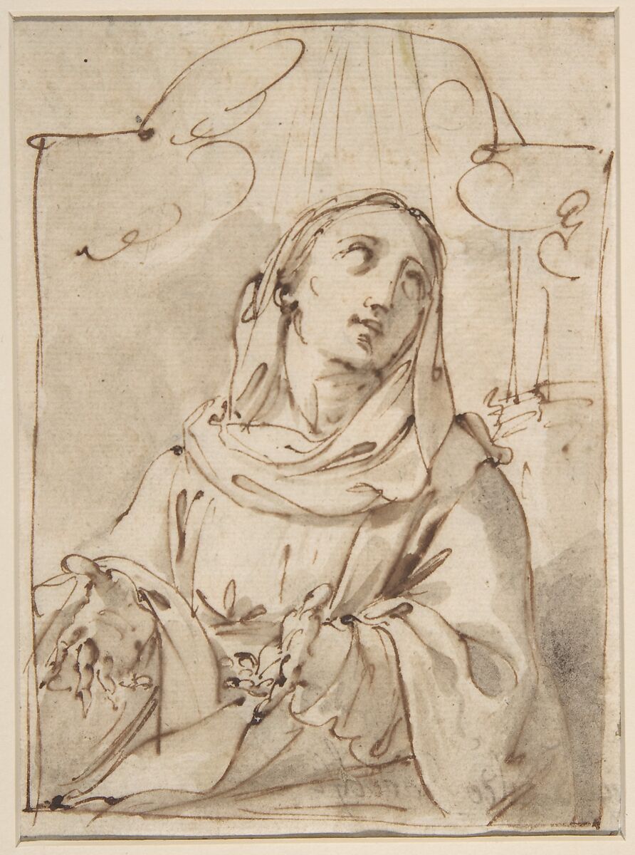 Half Figure of a Female Saint, Ubaldo Gandolfi (Italian, San Matteo della Decima 1728–1781 Ravenna), Pen and brown ink, brush and gray-brown wash 