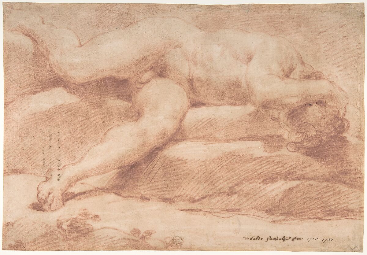 Reclining Male Nude (recto); Seated Male Nude (verso), Ubaldo Gandolfi  Italian, Red chalk, highlighted with white (recto); red and black chalk, highlighted with white (verso)