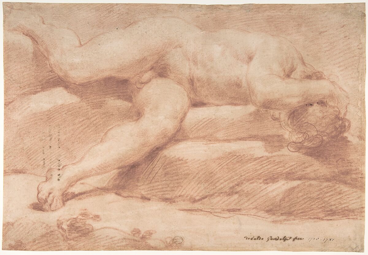 Reclining Male Nude (recto); Seated Male Nude (verso), Ubaldo Gandolfi (Italian, San Matteo della Decima 1728–1781 Ravenna), Red chalk, highlighted with white (recto); red and black chalk, highlighted with white (verso) 