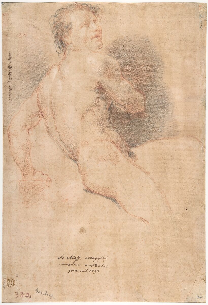 Reclining Male Nude (recto); Seated Male Nude (verso), Ubaldo Gandolfi (Italian, San Matteo della Decima 1728–1781 Ravenna), Red chalk, highlighted with white (recto); red and black chalk, highlighted with white (verso)