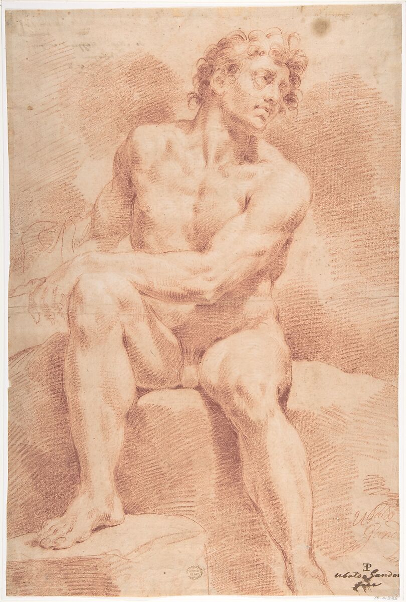 Seated Male Nude, Ubaldo Gandolfi (Italian, San Matteo della Decima 1728–1781 Ravenna), Red chalk, highlighted with white 