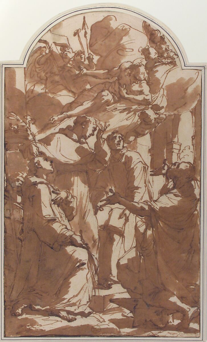 Christ in Glory with Saint Lawrence, Saint Anthony of Padua, Saint Ignatius of Loyola, and Saint Eligius., Attributed to Ubaldo Gandolfi (Italian, San Matteo della Decima 1728–1781 Ravenna), Pen and brown ink, brush and brown wash, over traces of graphite