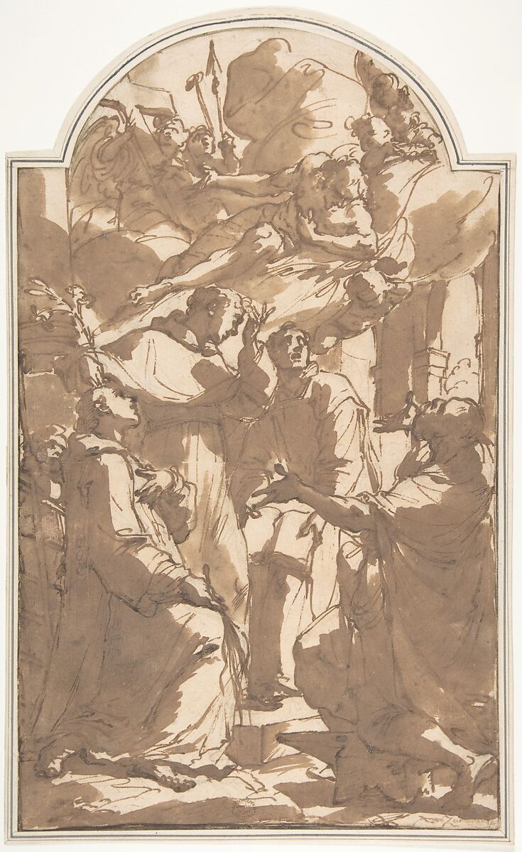 Christ in Glory with Saint Lawrence, Saint Anthony of Padua, Saint Ignatius of Loyola, and Saint Eligius., Attributed to Ubaldo Gandolfi (Italian, San Matteo della Decima 1728–1781 Ravenna), Pen and brown ink, brush and brown wash, over traces of graphite 