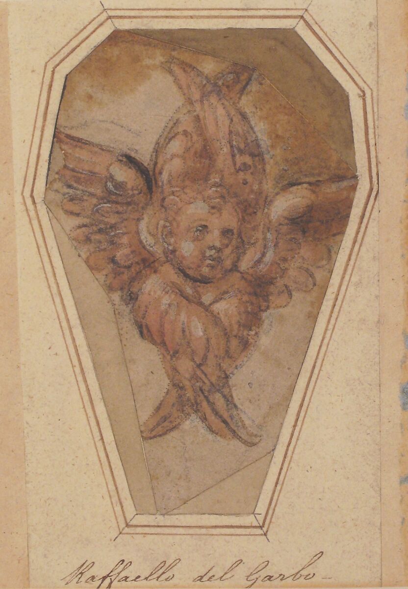 A Seraph (Cartoon for an Embroidery), Raffaellino del Garbo (also known as Raffaelle de' Capponi and Raffaelle de' Carli) (Italian, San Lorenzo a Vigliano, near Florence, ca. 1470–after 1527 Florence), Pen and brown ink, brush and rose wash, highlighted with white gouache, over black chalk; outlines of design and framing outlines pricked and with traces of rubbed black pouncing dust
