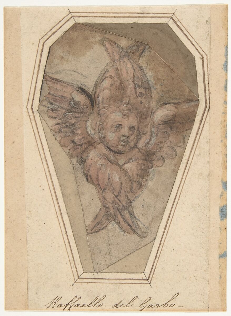 A Seraph (Cartoon for an Embroidery), Raffaellino del Garbo (also known as Raffaelle de&#39; Capponi and Raffaelle de&#39; Carli) (Italian, San Lorenzo a Vigliano, near Florence, ca. 1470–after 1527 Florence), Pen and brown ink, brush and rose wash, highlighted with white gouache, over black chalk; outlines of design and framing outlines pricked and with traces of rubbed black pouncing dust 