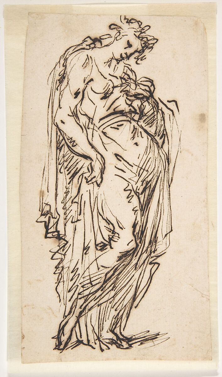 Standing Draped Female Figure, Micco Spadaro (Domenico Gargiulo) (Italian, Naples 1609/10–1675 Naples (?)), Pen and brown ink 