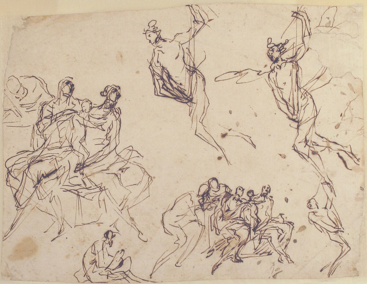 Studies of a Group of Seated Figures and of a Flying Figure, Micco Spadaro (Domenico Gargiulo) (Italian, Naples 1609/10–1675 Naples (?)), Pen and brown ink