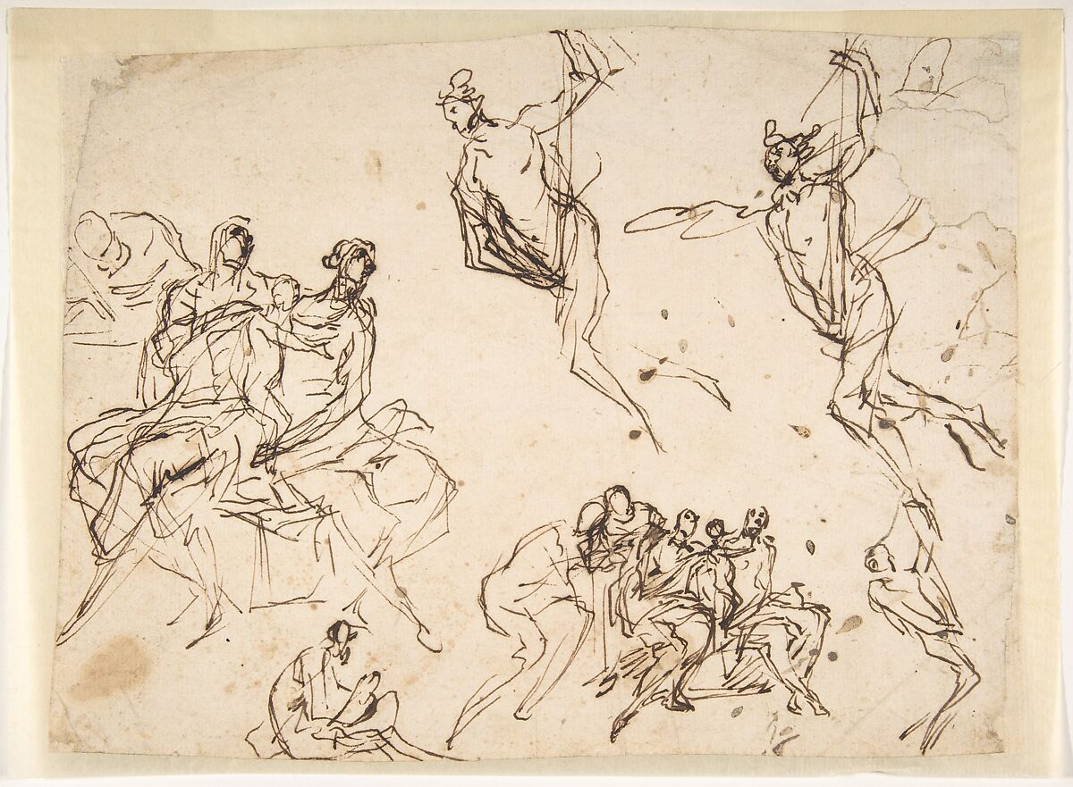 Studies of a Group of Seated Figures and of a Flying Figure, Micco Spadaro (Domenico Gargiulo) (Italian, Naples 1609/10–1675 Naples (?)), Pen and brown ink 