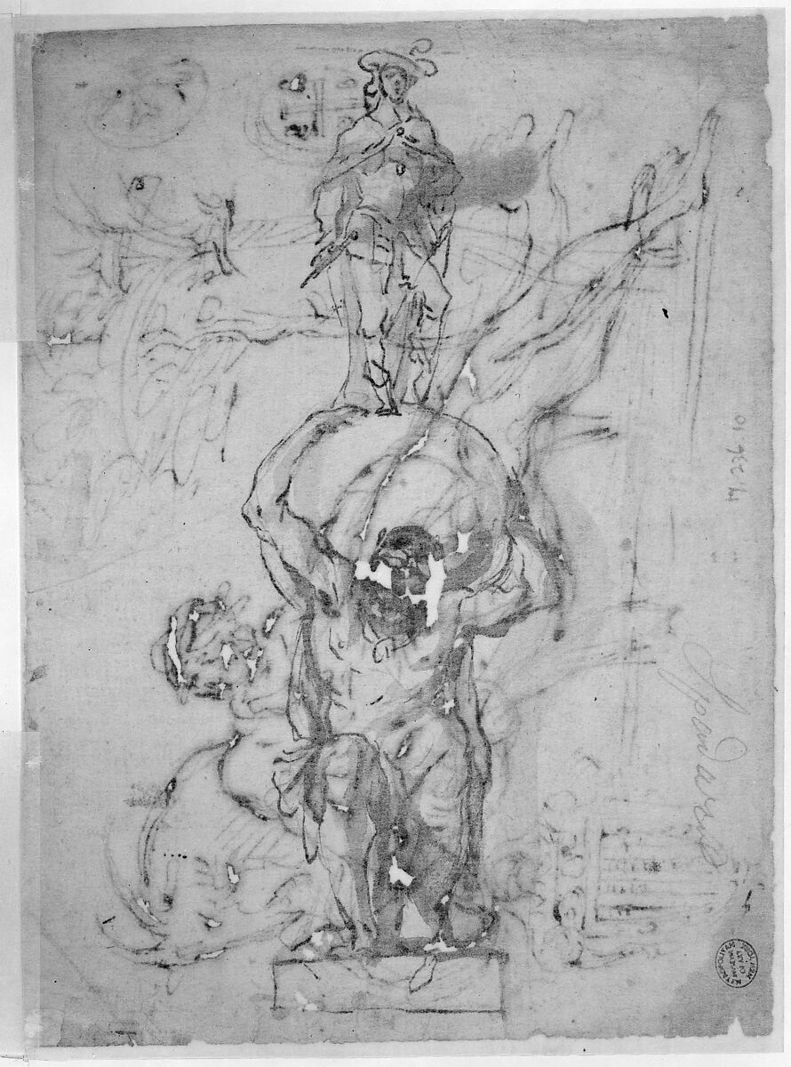 Reclining River God, a Goat's Head, and Studies of Heraldic Emblems (recto); Cavalier Standing on a Globe Supported by a Kneeling Giant (verso), Micco Spadaro (Domenico Gargiulo) (Italian, Naples 1609/10–1675 Naples (?)), Pen and brown ink (recto). Pen study of knight standing on a globe, supported by a kneeling giant (drawing visible through transparent lining) (verso)
