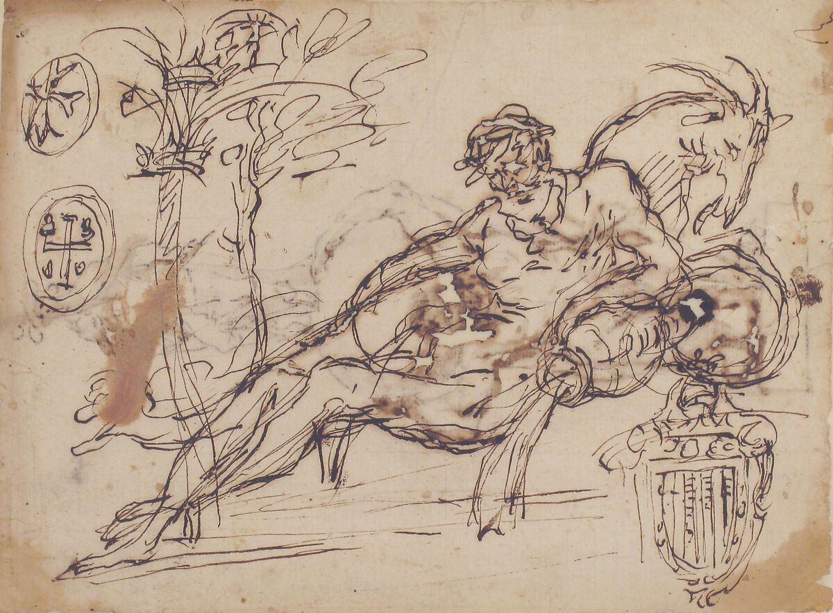 Reclining River God, a Goat's Head, and Studies of Heraldic Emblems (recto); Cavalier Standing on a Globe Supported by a Kneeling Giant (verso), Micco Spadaro (Domenico Gargiulo) (Italian, Naples 1609/10–1675 Naples (?)), Pen and brown ink (recto). Pen study of knight standing on a globe, supported by a kneeling giant (drawing visible through transparent lining) (verso)