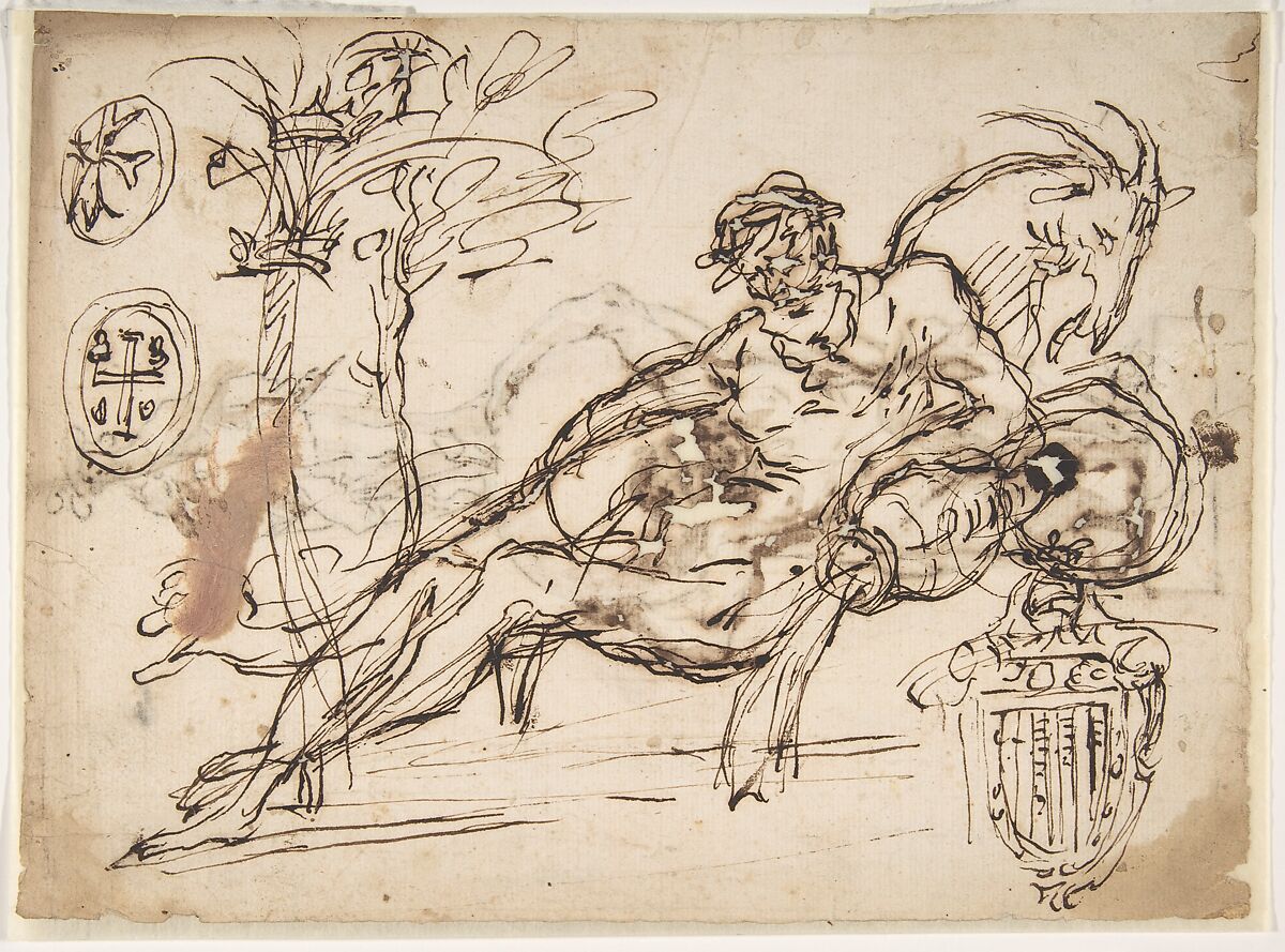 Reclining River God, a Goat's Head, and Studies of Heraldic Emblems (recto); Cavalier Standing on a Globe Supported by a Kneeling Giant (verso), Micco Spadaro (Domenico Gargiulo) (Italian, Naples 1609/10–1675 Naples (?)), Pen and brown ink (recto). Pen study of knight standing on a globe, supported by a kneeling giant (drawing visible through transparent lining) (verso) 