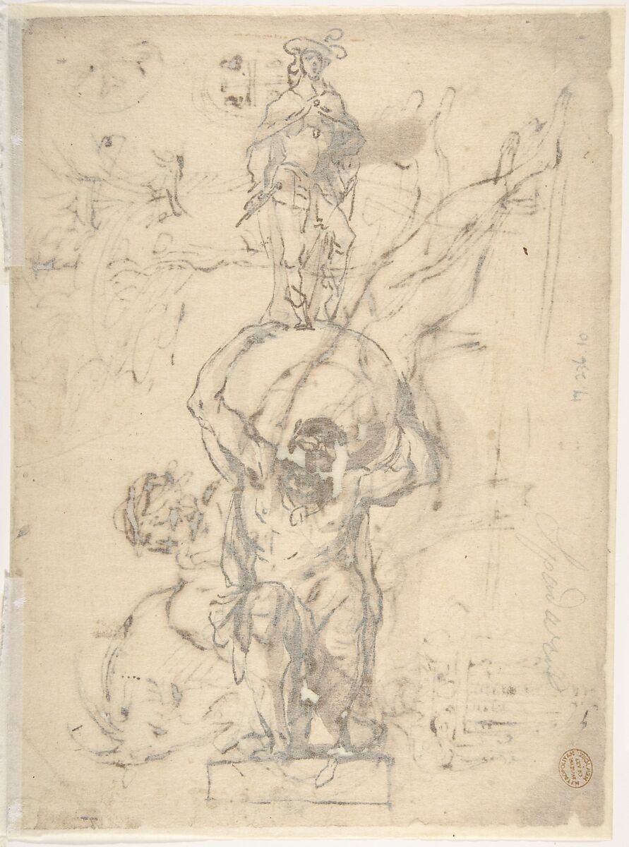Reclining River God, a Goat's Head, and Studies of Heraldic Emblems (recto); Cavalier Standing on a Globe Supported by a Kneeling Giant (verso), Micco Spadaro (Domenico Gargiulo) (Italian, Naples 1609/10–1675 Naples (?)), Pen and brown ink (recto). Pen study of knight standing on a globe, supported by a kneeling giant (drawing visible through transparent lining) (verso)