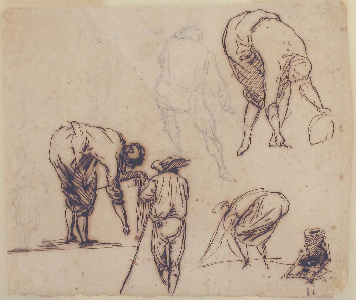 Standing Figure and Figures Bending Over, Micco Spadaro (Domenico Gargiulo) (Italian, Naples 1609/10–1675 Naples (?)), Pen and brown ink over black chalk