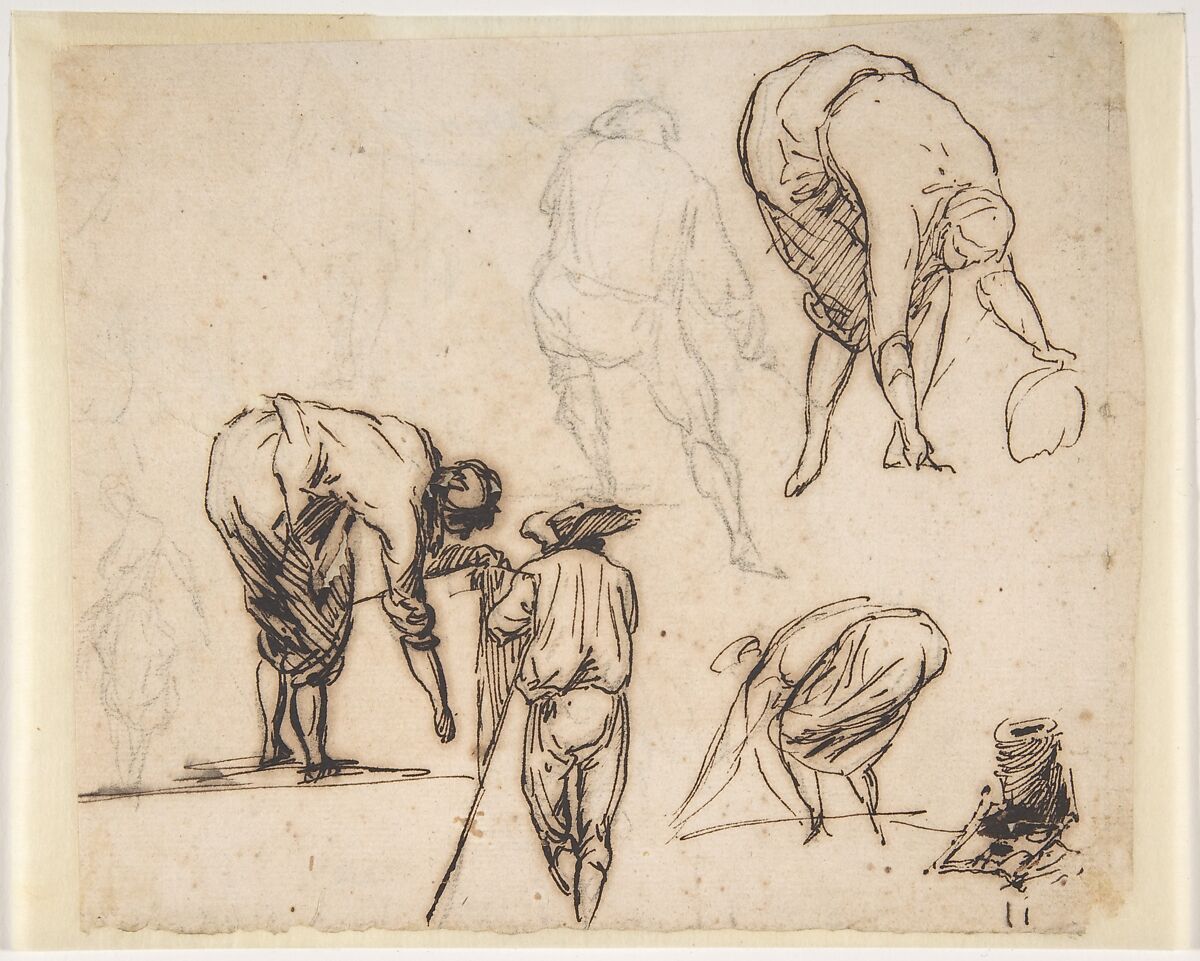 Standing Figure and Figures Bending Over, Micco Spadaro (Domenico Gargiulo) (Italian, Naples 1609/10–1675 Naples (?)), Pen and brown ink over black chalk 