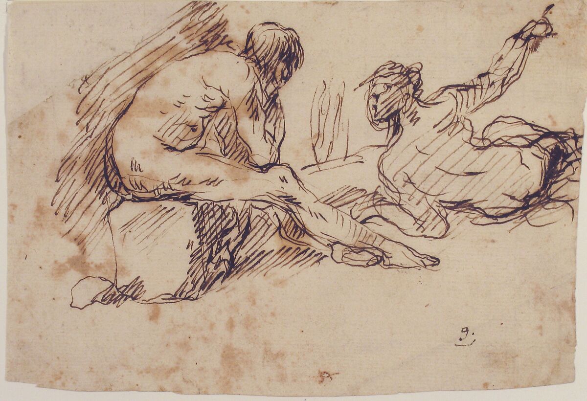 Two Nude Male Figures, One Seated and One Reclining, Micco Spadaro (Domenico Gargiulo) (Italian, Naples 1609/10–1675 Naples (?)), Pen and brown ink