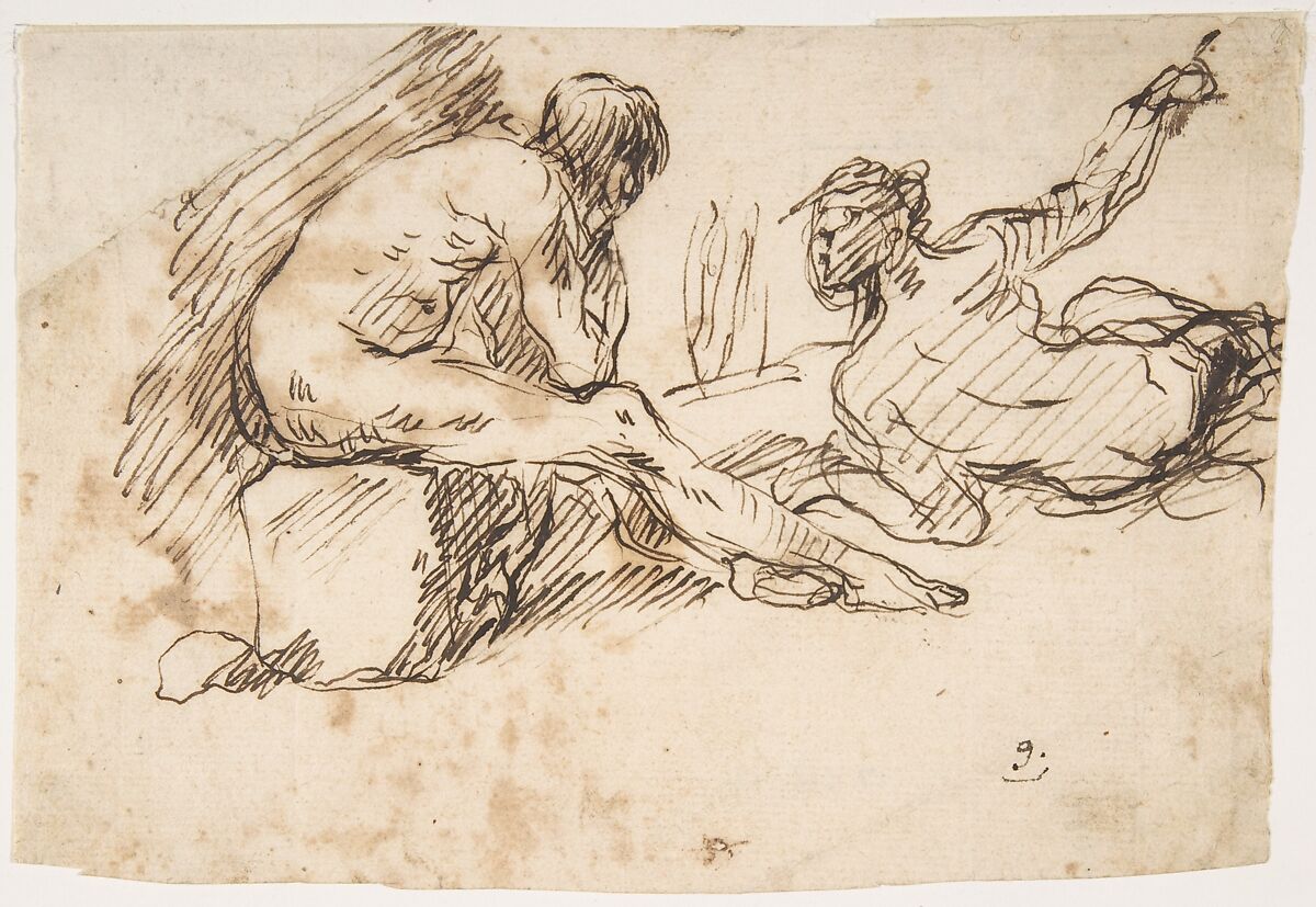 Two Nude Male Figures, One Seated and One Reclining, Micco Spadaro (Domenico Gargiulo) (Italian, Naples 1609/10–1675 Naples (?)), Pen and brown ink 