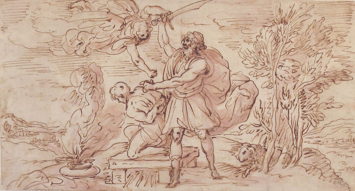 Abraham about to Sacrifice Isaac, Micco Spadaro (Domenico Gargiulo) (Italian, Naples 1609/10–1675 Naples (?)), Pen and brown ink, brush and violet wash