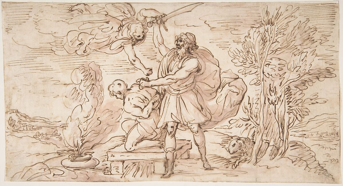 Abraham about to Sacrifice Isaac, Micco Spadaro (Domenico Gargiulo) (Italian, Naples 1609/10–1675 Naples (?)), Pen and brown ink, brush and violet wash 