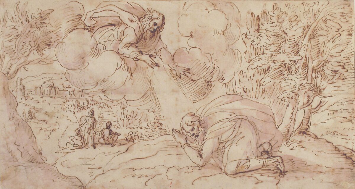 God the Father Appearing to a Kneeling Figure, Micco Spadaro (Domenico Gargiulo) (Italian, Naples 1609/10–1675 Naples (?)), Pen and brown ink, brush and violet wash