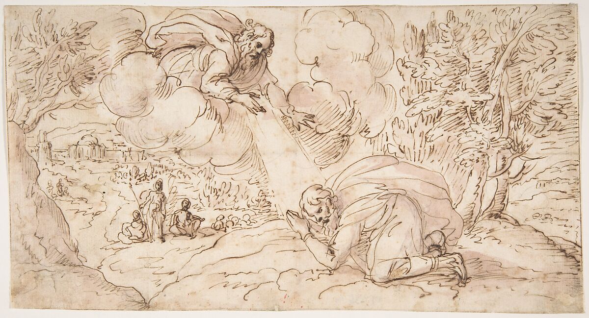 God the Father Appearing to a Kneeling Figure, Micco Spadaro (Domenico Gargiulo) (Italian, Naples 1609/10–1675 Naples (?)), Pen and brown ink, brush and violet wash 