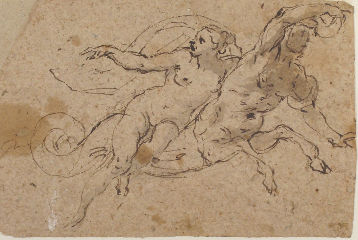 Nude Female Riding on a Triton's Back, Micco Spadaro (Domenico Gargiulo) (Italian, Naples 1609/10–1675 Naples (?)), Pen and brown ink, brush and brown wash, on brownish paper