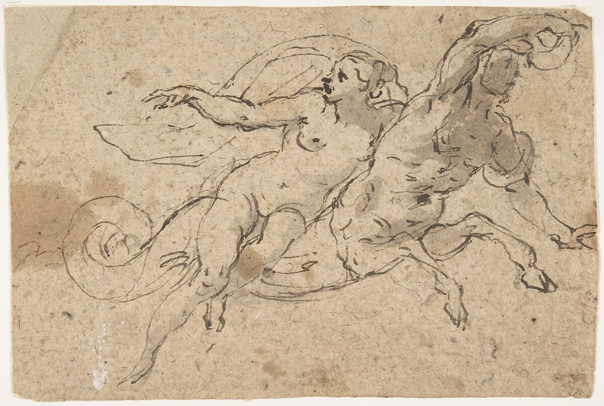 Nude Female Riding on a Triton's Back, Micco Spadaro (Domenico Gargiulo) (Italian, Naples 1609/10–1675 Naples (?)), Pen and brown ink, brush and brown wash, on brownish paper 