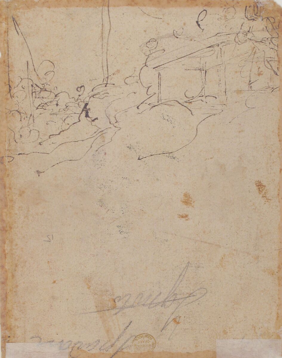 The Baptism of Christ (recto); Kneeling Figure (?) in a Landscape (verso), Micco Spadaro (Domenico Gargiulo) (Italian, Naples 1609/10–1675 Naples (?)), Pen and brown ink, brush and brown wash, over red chalk (recto); pen and brown ink (verso)
