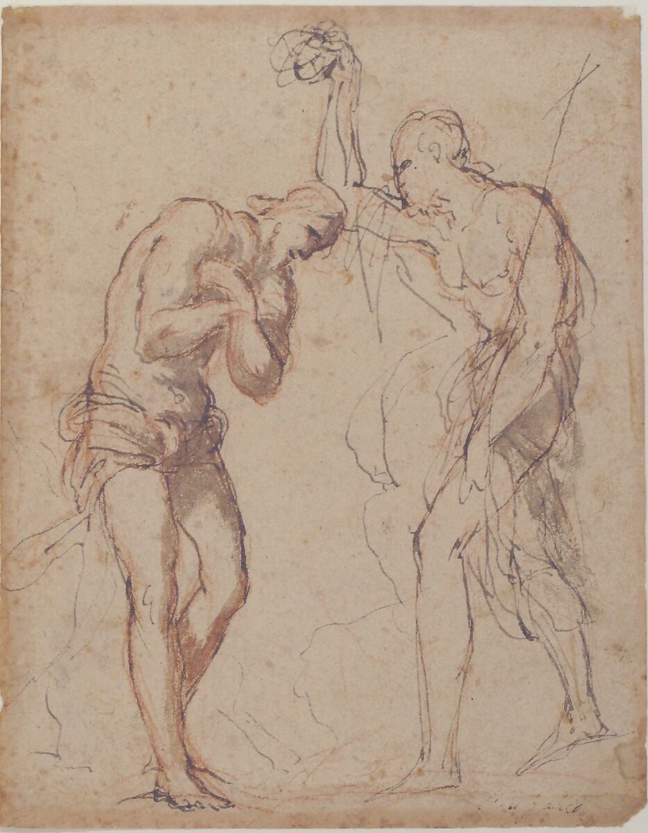 The Baptism of Christ (recto); Kneeling Figure (?) in a Landscape (verso), Micco Spadaro (Domenico Gargiulo) (Italian, Naples 1609/10–1675 Naples (?)), Pen and brown ink, brush and brown wash, over red chalk (recto); pen and brown ink (verso)