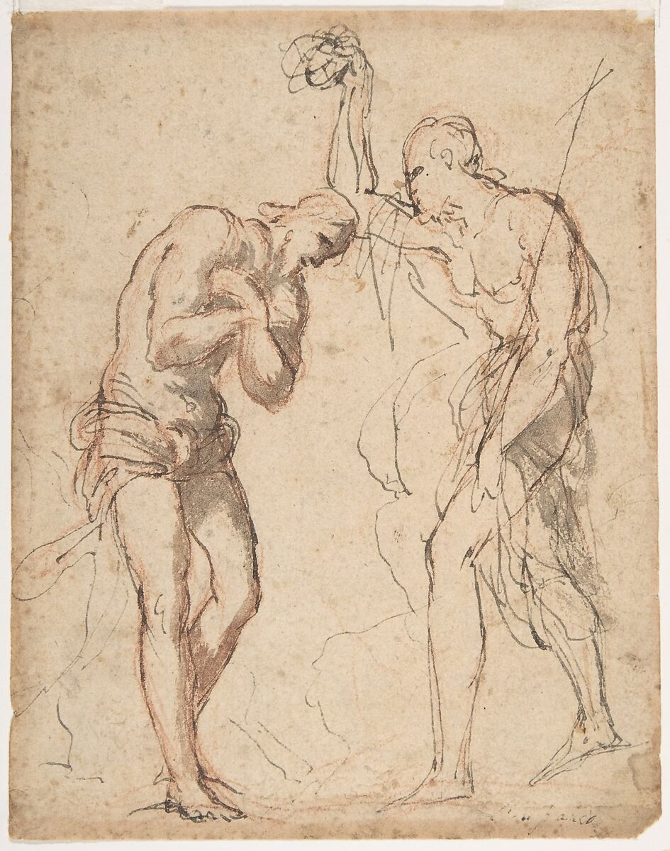 The Baptism of Christ (recto); Kneeling Figure (?) in a Landscape (verso), Micco Spadaro (Domenico Gargiulo) (Italian, Naples 1609/10–1675 Naples (?)), Pen and brown ink, brush and brown wash, over red chalk (recto); pen and brown ink (verso) 