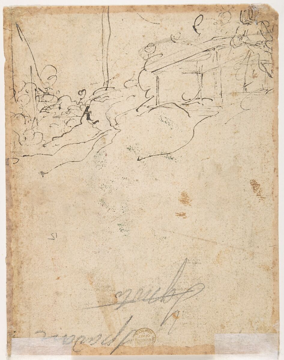 The Baptism of Christ (recto); Kneeling Figure (?) in a Landscape (verso), Micco Spadaro (Domenico Gargiulo) (Italian, Naples 1609/10–1675 Naples (?)), Pen and brown ink, brush and brown wash, over red chalk (recto); pen and brown ink (verso)