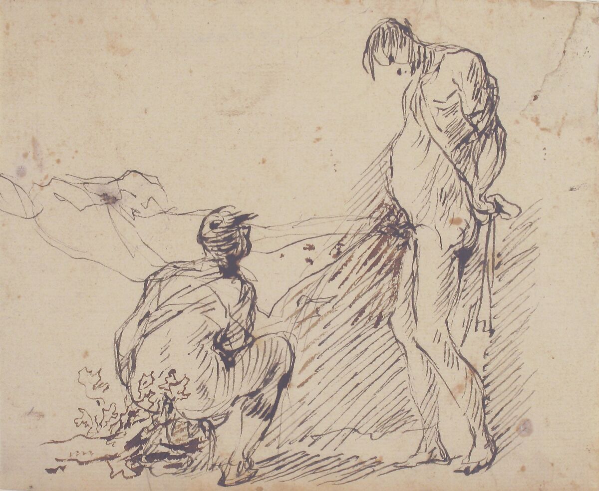 A Crouching Man Defecating and a Standing Man Urinating, Micco Spadaro (Domenico Gargiulo) (Italian, Naples 1609/10–1675 Naples (?)), Pen and brown ink, masking "corrections" in lighter brown ink