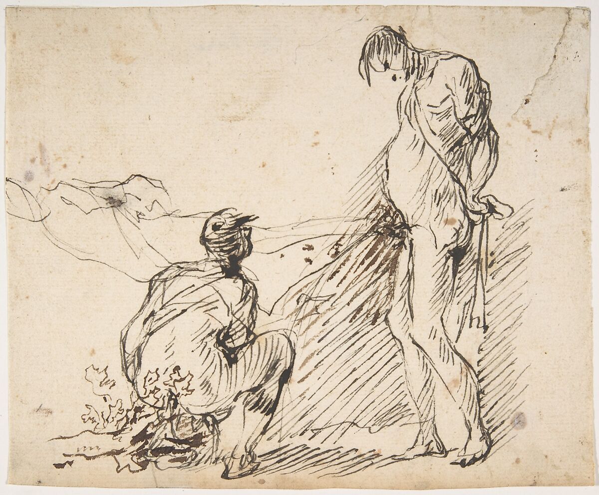 A Crouching Man Defecating and a Standing Man Urinating, Micco Spadaro (Domenico Gargiulo) (Italian, Naples 1609/10–1675 Naples (?)), Pen and brown ink, masking "corrections" in lighter brown ink 