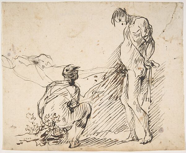 A Crouching Man Defecating and a Standing Man Urinating
