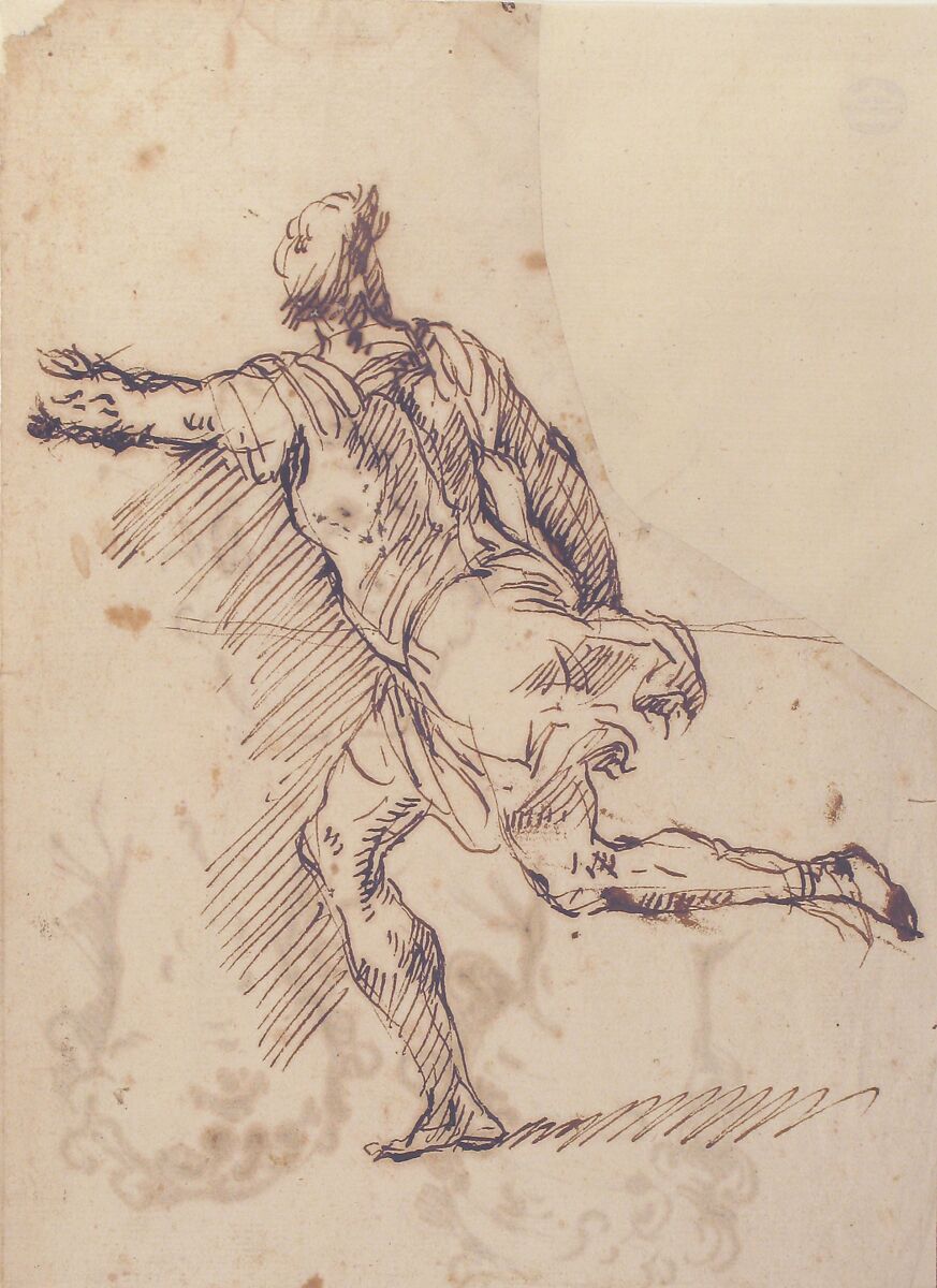 Male Figure Running (recto); Three Pen Studies of Male Heads (verso), Micco Spadaro (Domenico Gargiulo) (Italian, Naples 1609/10–1675 Naples (?)), Pen and brown ink (recto); three pen studies of male heads (verso)