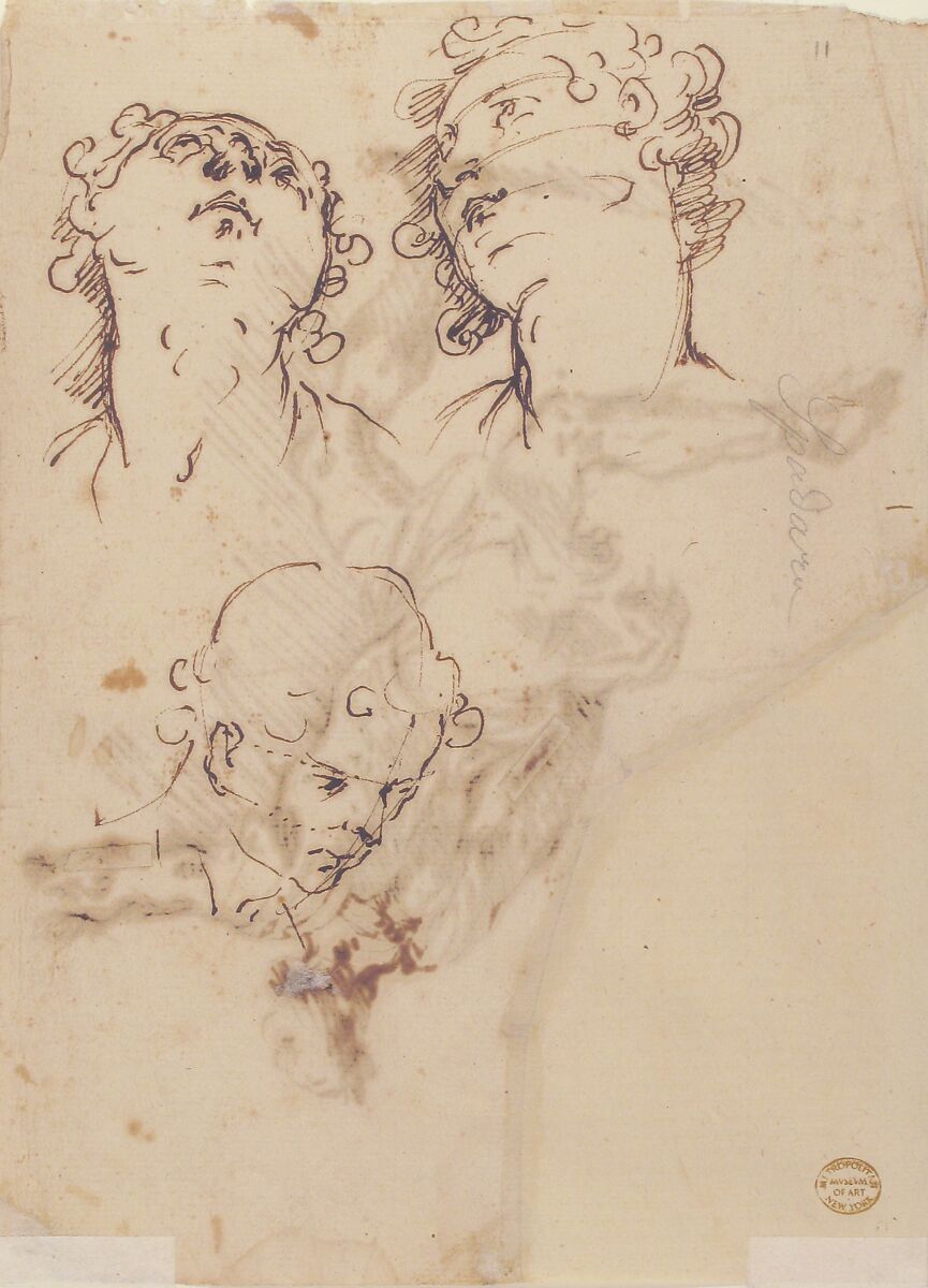 Male Figure Running (recto); Three Pen Studies of Male Heads (verso), Micco Spadaro (Domenico Gargiulo) (Italian, Naples 1609/10–1675 Naples (?)), Pen and brown ink (recto); three pen studies of male heads (verso)