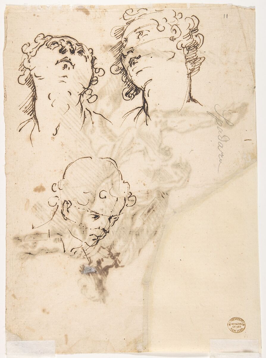 Male Figure Running (recto); Three Pen Studies of Male Heads (verso), Micco Spadaro (Domenico Gargiulo) (Italian, Naples 1609/10–1675 Naples (?)), Pen and brown ink (recto); three pen studies of male heads (verso)