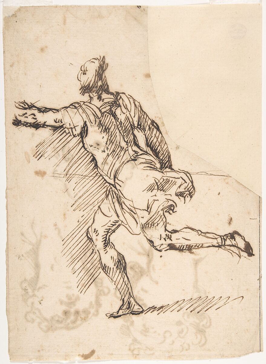 Male Figure Running (recto); Three Pen Studies of Male Heads (verso), Micco Spadaro (Domenico Gargiulo) (Italian, Naples 1609/10–1675 Naples (?)), Pen and brown ink (recto); three pen studies of male heads (verso) 
