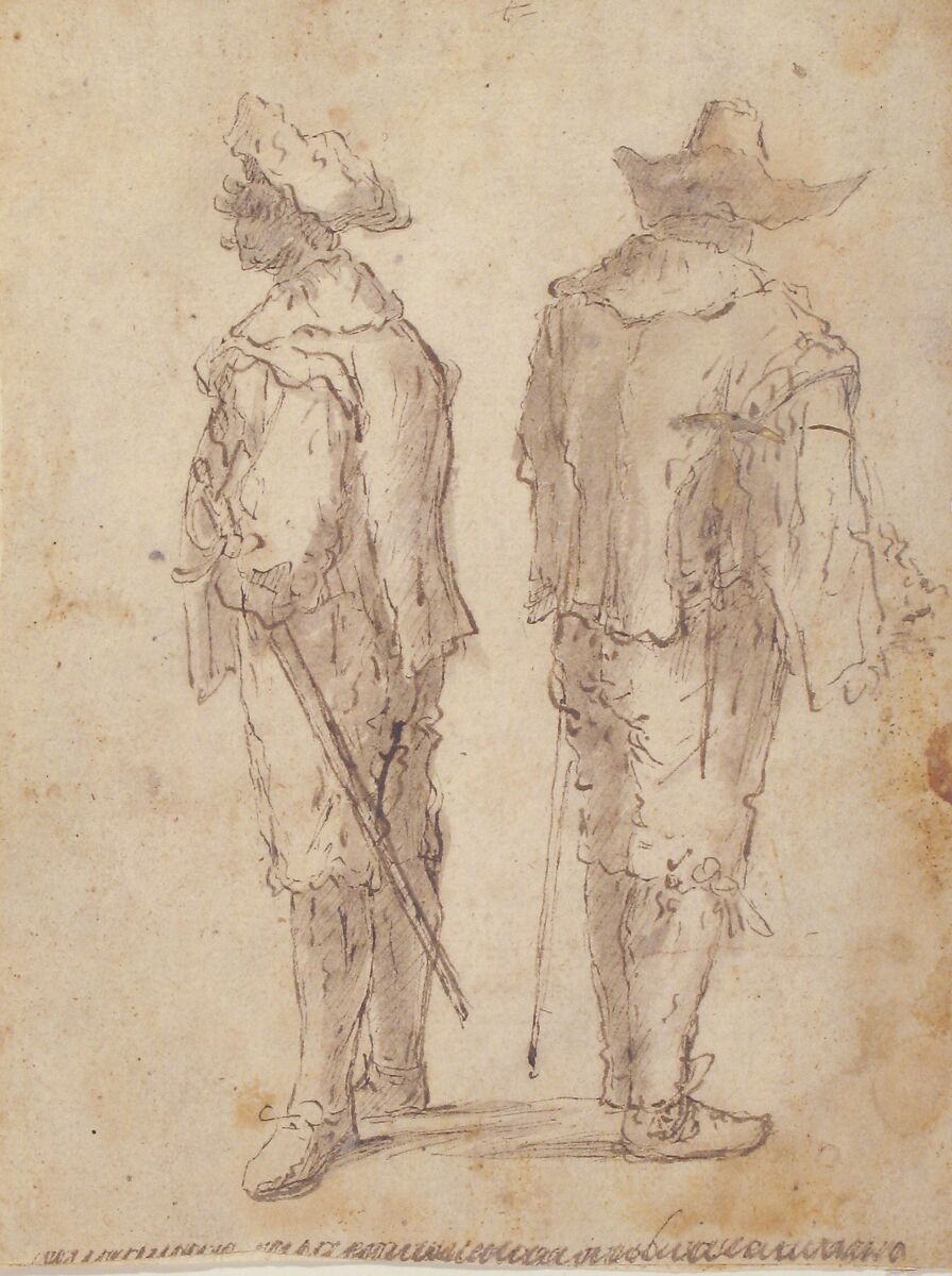 Two Standing Men, Micco Spadaro (Domenico Gargiulo) (Italian, Naples 1609/10–1675 Naples (?)), Pen and brown ink, brush and brown wash