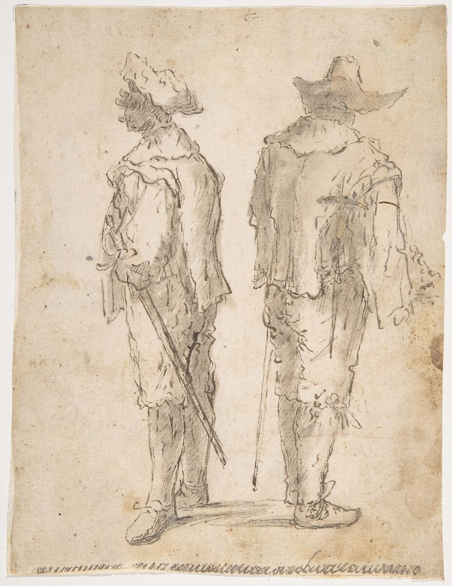 Two Standing Men, Micco Spadaro (Domenico Gargiulo) (Italian, Naples 1609/10–1675 Naples (?)), Pen and brown ink, brush and brown wash 