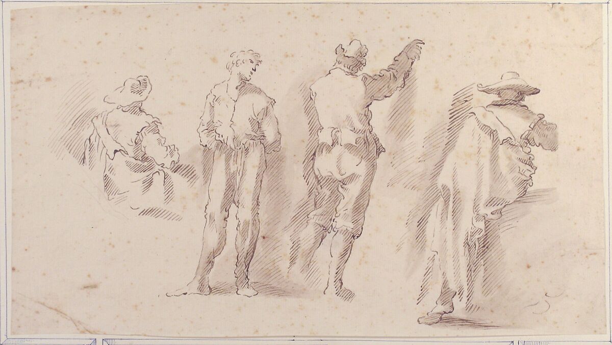 Figure Studies:  Two Standing and Two Seated Men, Micco Spadaro (Domenico Gargiulo) (Italian, Naples 1609/10–1675 Naples (?)), Pen and brown ink, brush and brown wash
