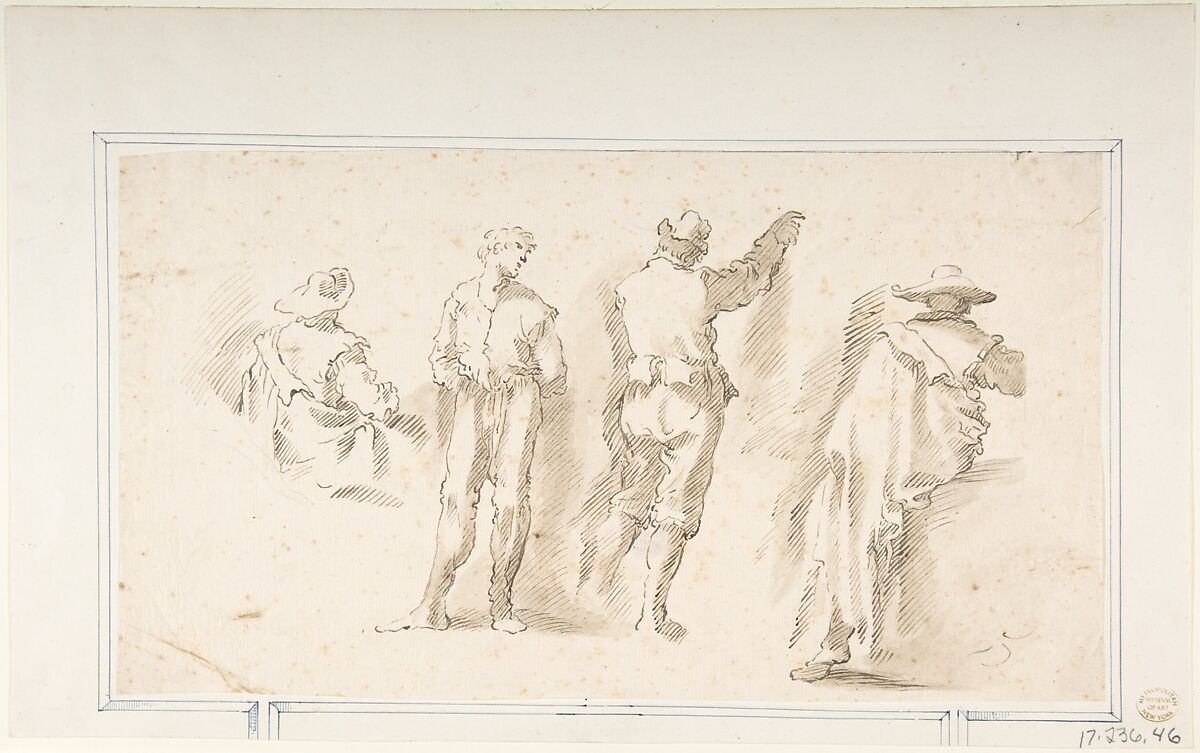 Figure Studies:  Two Standing and Two Seated Men, Micco Spadaro (Domenico Gargiulo) (Italian, Naples 1609/10–1675 Naples (?)), Pen and brown ink, brush and brown wash 