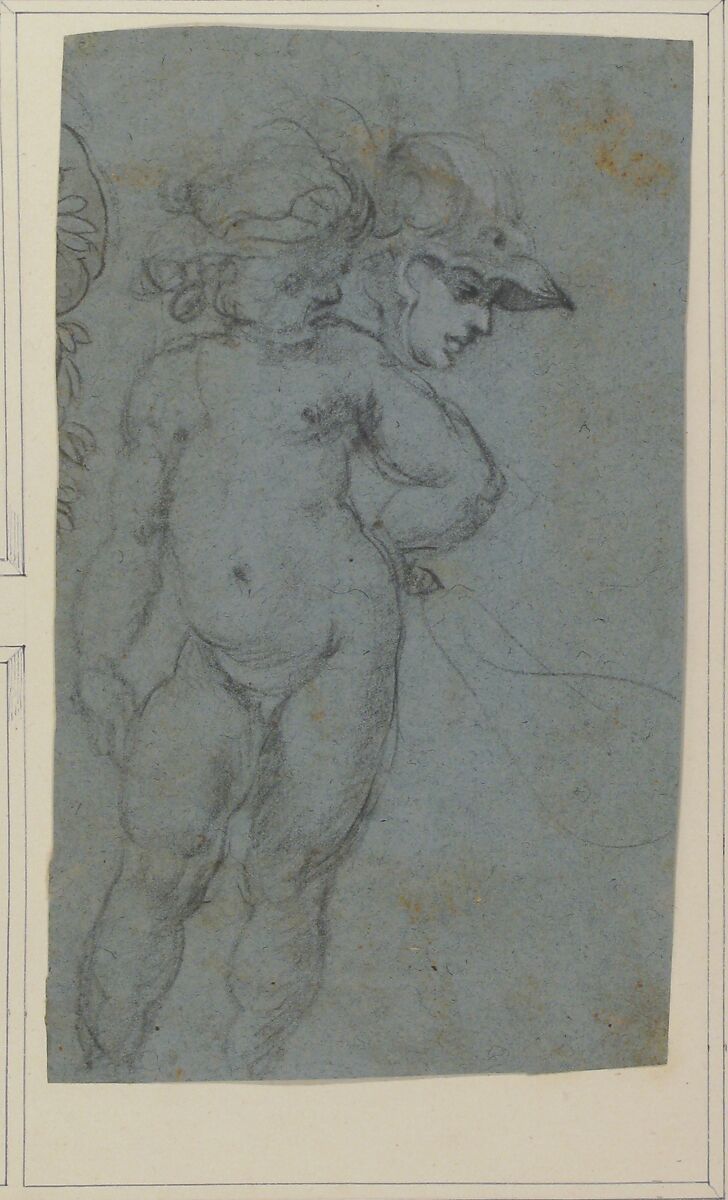 Standing Nude Putto and Study of a Helmeted Head, Micco Spadaro (Domenico Gargiulo) (Italian, Naples 1609/10–1675 Naples (?)), Black chalk, highlighted with white, on blue paper