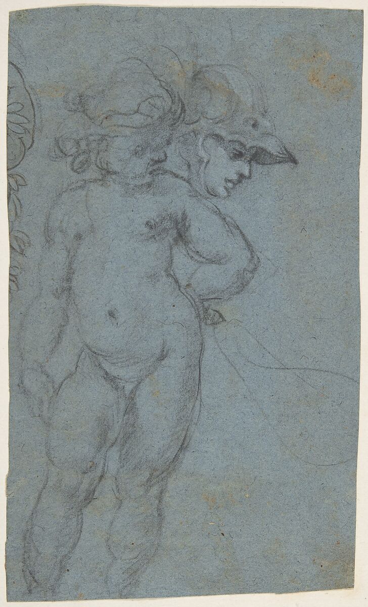 Standing Nude Putto and Study of a Helmeted Head, Micco Spadaro (Domenico Gargiulo) (Italian, Naples 1609/10–1675 Naples (?)), Black chalk, highlighted with white, on blue paper 