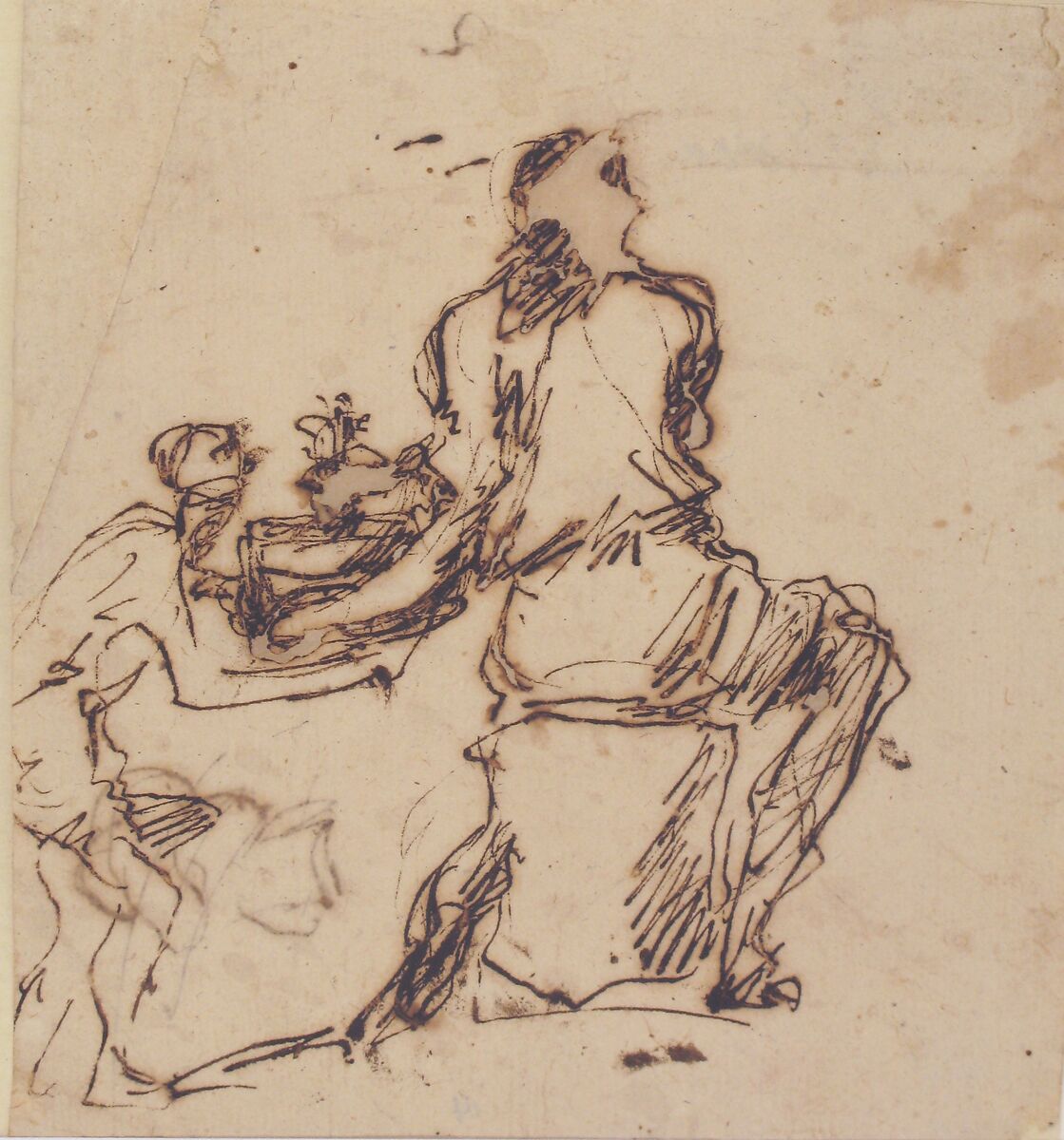 Seated Figure Receiving an Object Presented by a Smaller Figure, Micco Spadaro (Domenico Gargiulo) (Italian, Naples 1609/10–1675 Naples (?)), Pen and brown ink