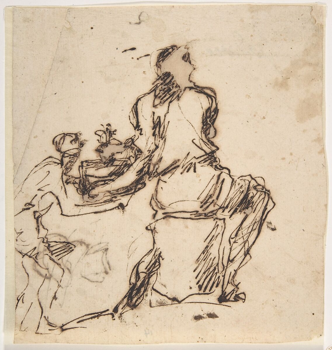Seated Figure Receiving an Object Presented by a Smaller Figure, Micco Spadaro (Domenico Gargiulo) (Italian, Naples 1609/10–1675 Naples (?)), Pen and brown ink 