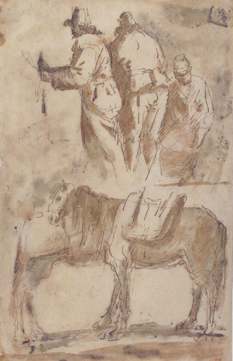 Sheet of Studies: Three Figures Above, Studies of Horses Below, Attributed to Micco Spadaro (Domenico Gargiulo) (Italian, Naples 1609/10–1675 Naples (?)), Pen and brown ink, brush and brown and a little red-brown wash