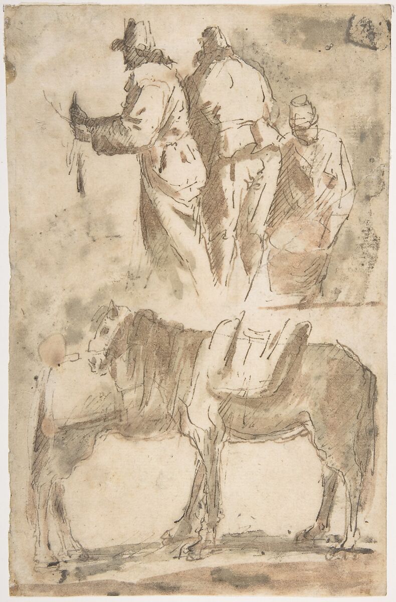 Sheet of Studies: Three Figures Above, Studies of Horses Below, Attributed to Micco Spadaro (Domenico Gargiulo) (Italian, Naples 1609/10–1675 Naples (?)), Pen and brown ink, brush and brown and a little red-brown wash 