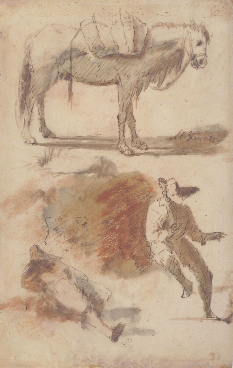 Sheet of Studies: A Horse Above, a Seated Man and a Reclining Man Below, Attributed to Micco Spadaro (Domenico Gargiulo) (Italian, Naples 1609/10–1675 Naples (?)), Pen and brown ink, brush and brown and a little red-brown wash